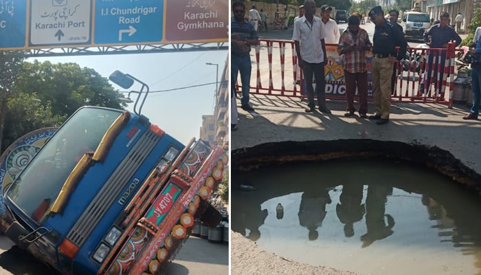 کراچی،کلب روڈ پر گڑھا پڑنے سے ٹرک الٹ گیا