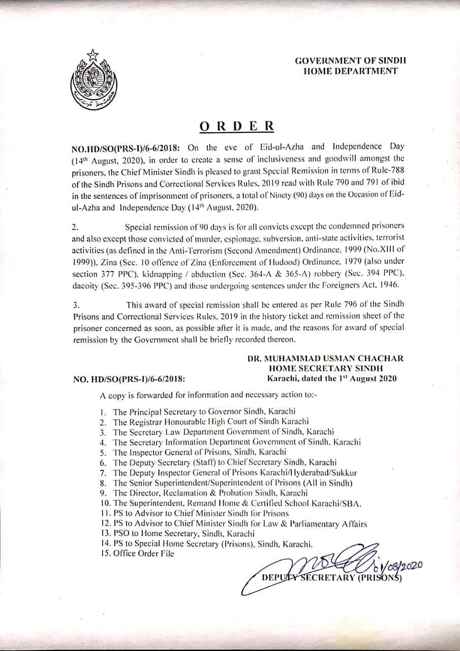 سندھ، قیدیوں کو 90 روز کی رعایت دینے کا فیصلہ