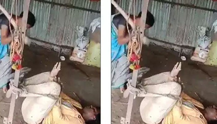 بیوی کی شوہر کو رسیوں سے باندھ کر ڈنڈے سے پٹائی ،ویڈیو وائرل