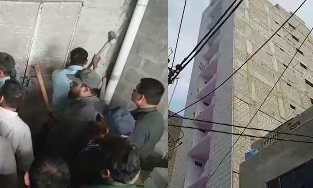 ناظم آباد میں غیر قانونی رہائشی عمارت گرانے کا کام شروع 