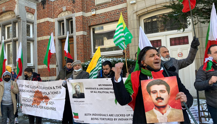  مقبول بٹ  شہید کے 37 ویں یوم شہادت پر برسلز میں بھارتی سفارتخانے پر مظاہرہ