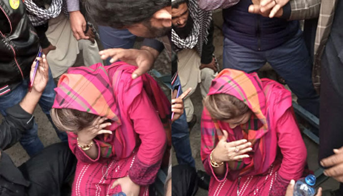 عظمیٰ بخاری کنٹینر کی سیڑھیوں سے اترتے ہوئے گرگئیں