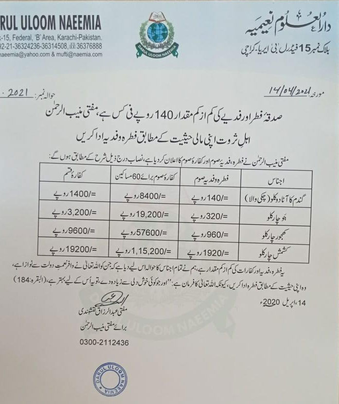 صدقۂ فطر، فدیے کی کم از کم رقم 140 روپے فی کس مقرر