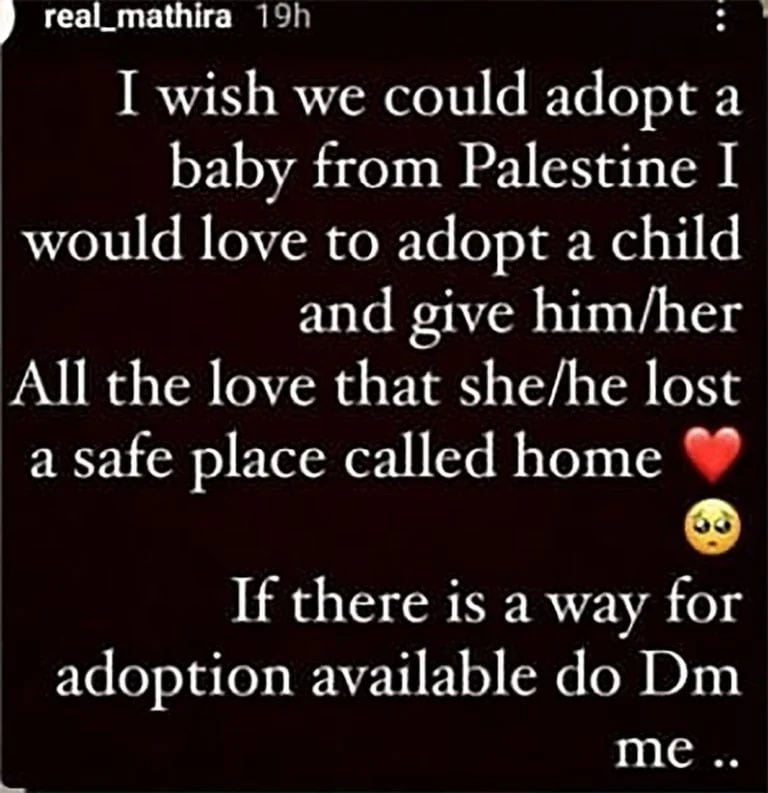متھیرا نے فلسطین سے بچہ گود لینے کی خواہش ظاہر کردی