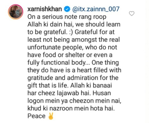 زرنش خان نے رنگت پر تبصرہ کرنیوالے صارف کو کھری کھری سنادیں