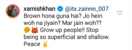 زرنش خان نے رنگت پر تبصرہ کرنیوالے صارف کو کھری کھری سنادیں