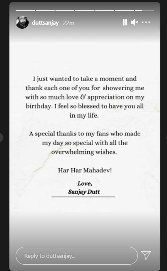 Sanjay Dutt thanks fans for sending love on his birthday in a heartfelt note
