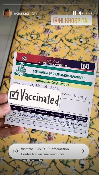 Iqra Aziz receives her first dose of COVID-19 vaccine