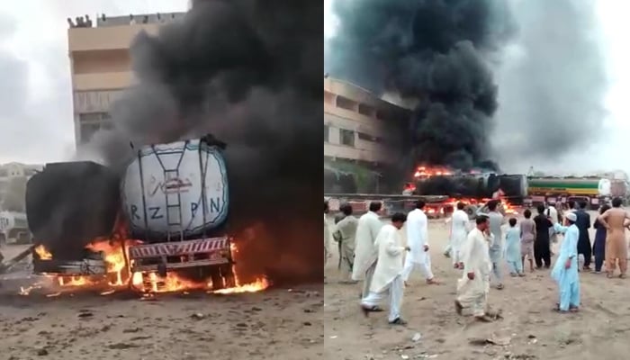 کراچی: شاہ لطیف ٹاؤن میں حادثاتی طور پر آگ لگنے سے دو ٹینکر جل گئے