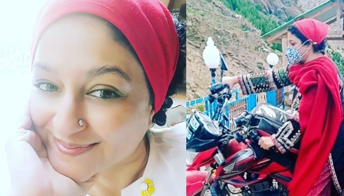 Nadia Jamil rides motorbike on streets of Hunza