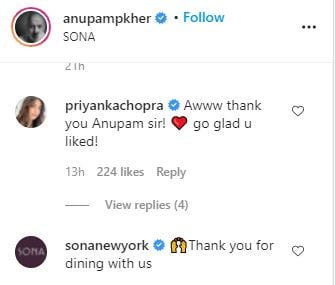 Anupam Kher visits Priyanka Chopra's NYC restaurant SONA: 'Proud of you'