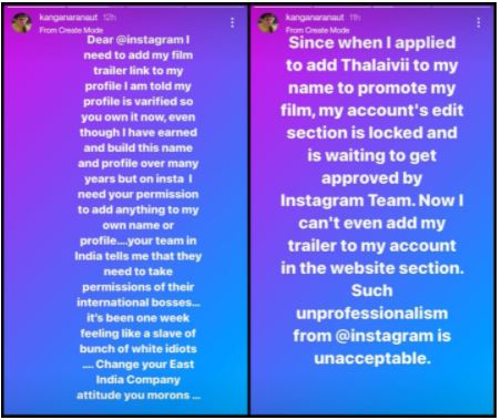Kangana Ranaut disses Instagram for not letting her add 'Thalaivi' trailer to her bio