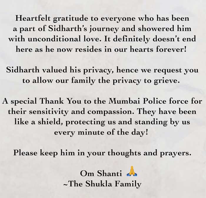 Sidharth Shukla’s family requests for privacy in first statement after the actor’s passing