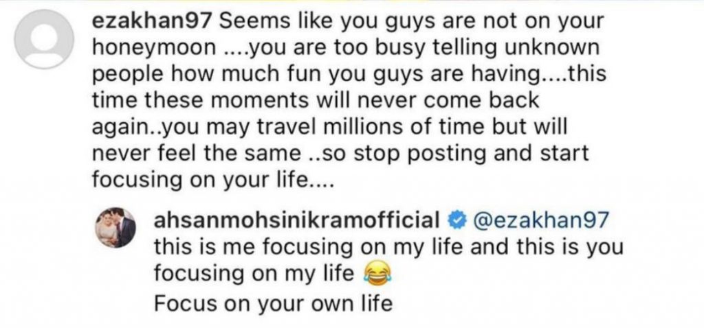 Ahsan Mohsin gives a befitting reply to trolls for slamming his & Minal’s honeymoon snaps