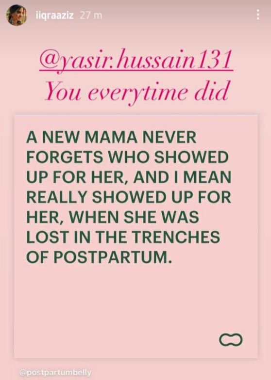 Iqra Aziz thanks Yasir Hussain for helping her survive postpartum