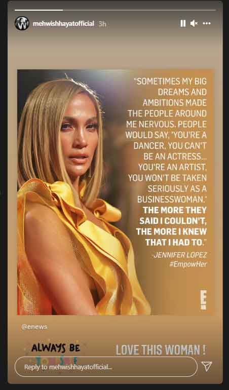 Mehwish Hayat praises Jennifer Lopez in her latest IG post