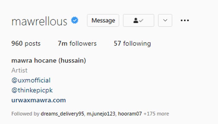 ماورہ حسین کے انسٹا فالوورز کی تعداد 7ملین ہوگئی