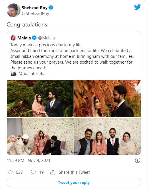 Celebrities across the globe congratulate Malala on tying the knot
