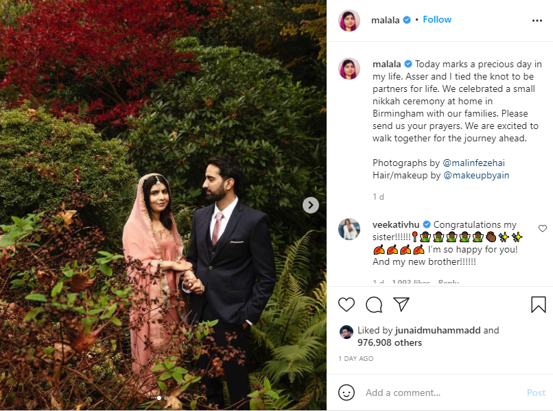 Celebrities across the globe congratulate Malala on tying the knot