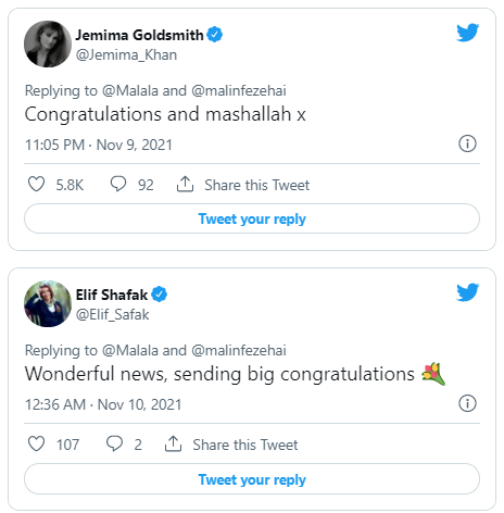 Celebrities across the globe congratulate Malala on tying the knot