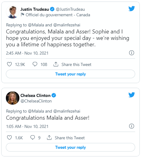 Celebrities across the globe congratulate Malala on tying the knot