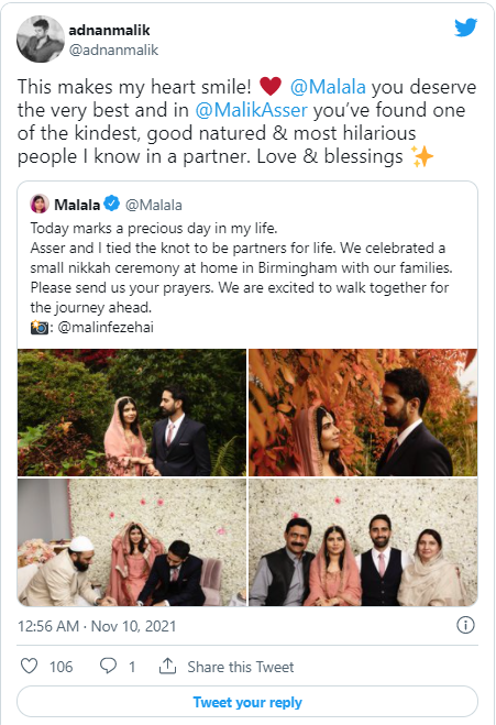 Celebrities across the globe congratulate Malala on tying the knot