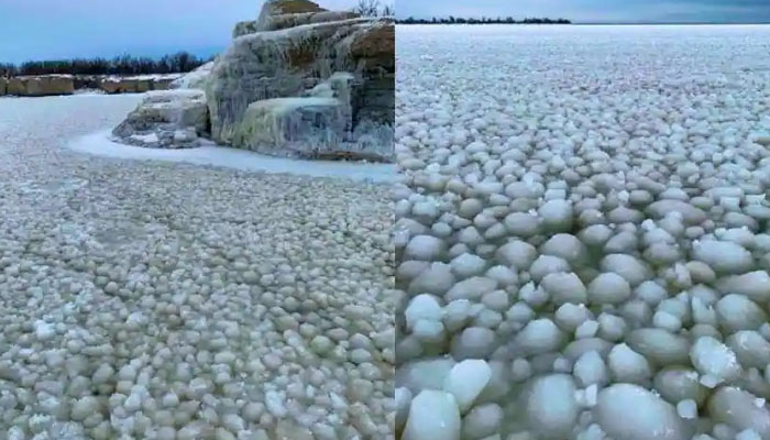 گیند نما برف کے گولوں سے جھیل خوبصورت نظارے میں تبدیل