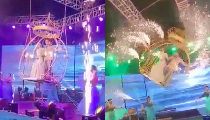 شادی میں منفرد انٹری کا شوق ، دولہا دلہن کا جھولا گر گیا