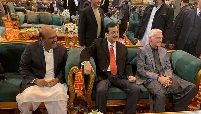 جہانگیر ترین سابق وزیراعظم یوسف رضا گیلانی کے ہمراہ بیٹھے، فوٹو ، سوشل میڈیا