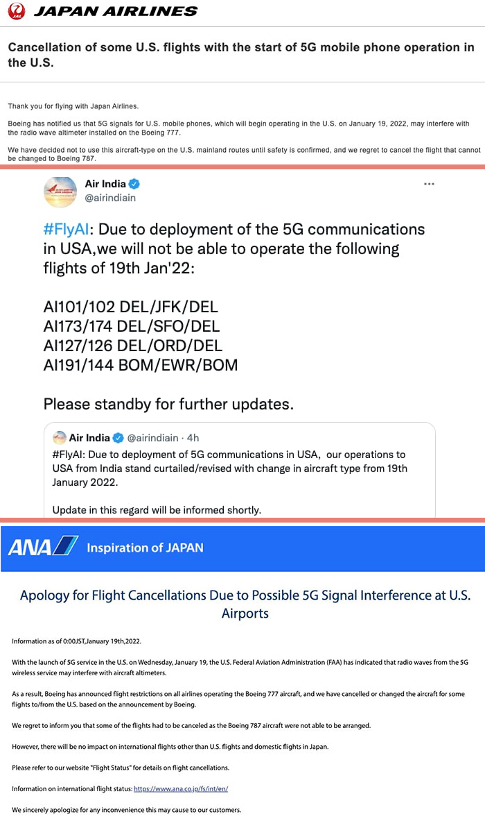 فائیو جی ٹیکنالوجی کے خطرناک اثرات کے خدشات پر امارات کے علاوہ جاپان ایئر لائنز، ایئر انڈیا اور اے این اے نے امریکا کیلئے پروازیں منسوخ کر دیں