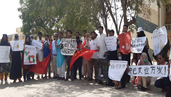 جامعہ کراچی میں چینی اساتذہ سے اظہار یکجہتی کیلئے طلباء کا احتجاج