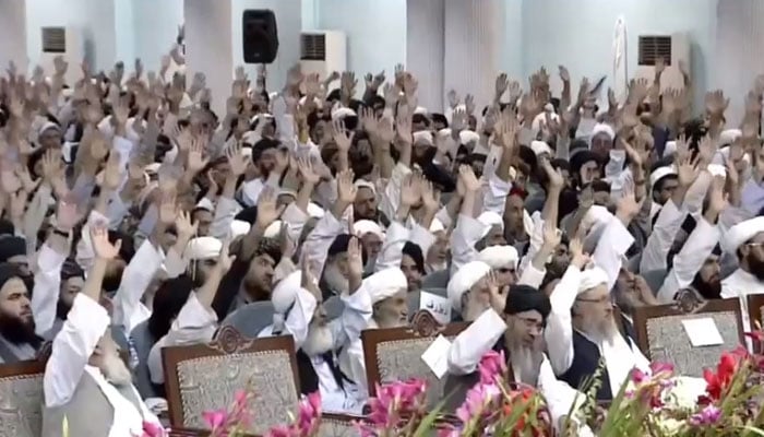 افغان لویہ جرگہ میں شرکا قرارداد کی منظوری کے لیے ہاتھ اٹھا کر اپنی حمایت ظاہر کر رہے ہیں۔