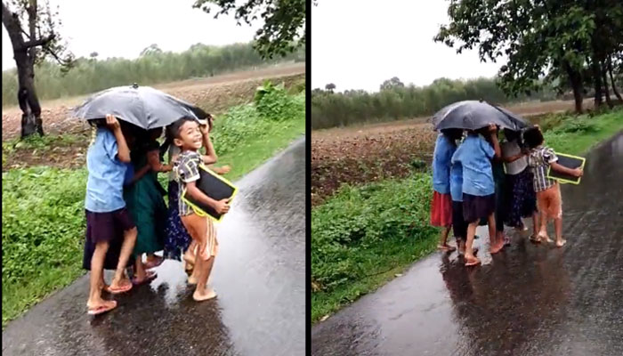 ایک چھتری کو بانٹنے والے 6 دوستوں کی ویڈیو وائرل