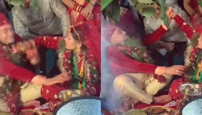 شادی کی رسومات کے دوران دولہا دلہن لڑ پڑے، ویڈیو وائرل