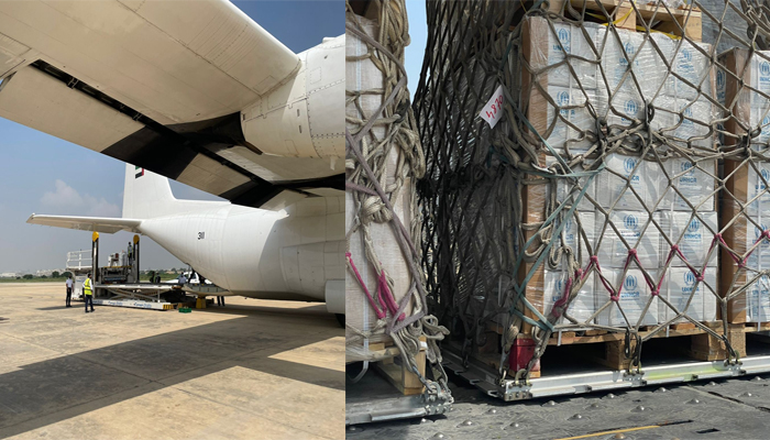 کراچی پہنچنے والا امارات کا طیارہ اور اس کے ذریعے متاثرینِ سیلاب کیلئے بھیجا گیا امدادی سامان