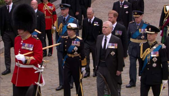 ملکہ کے جنازے میں شہزادہ ولیم فوجی یونیفارم جبکہ شہزادے ہیری سیاہ لباس میں موجودہ ہیں۔ / تصویر بشکریہ برطانوی میڈیا