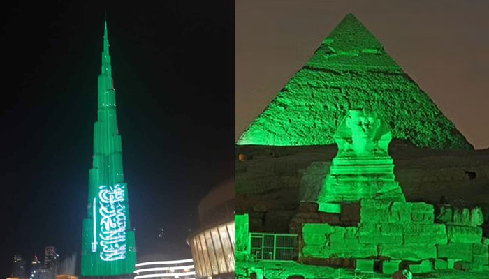 متعدد عرب ممالک کی اہم عمارتوں پر سعودی پرچم کا رنگ چھایا رہا