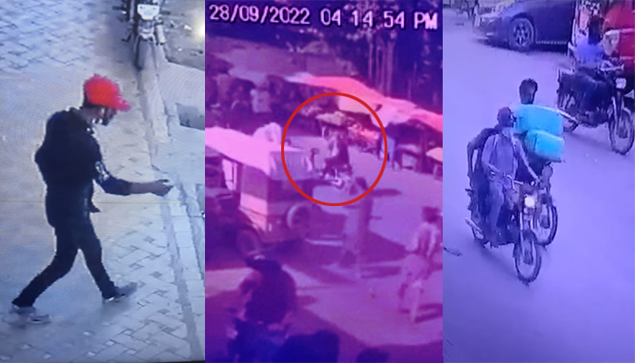 سی سی ٹی وی کیمرے سے لی گئی پہلی تصویر میں چینی باشنوں پر حملہ کرنے والا ملزم کلینک سے باہر آ رہا ہے، دوسری اور تیسری تصویر میں ملزم اپنے ساتھی کے ہمراہ موٹر سائیکل پر فرار ہو رہا ہے۔
