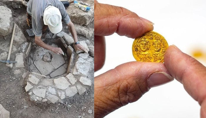 بائیں جانب وہ کنوں ہے جس میں سے سونے کے سکے دریافت ہوئے جبکہ دائیں جانب ایک سکے کی تصویر ہے۔ تصویر بشکریہ اسرائیلی آثار قدیمہ