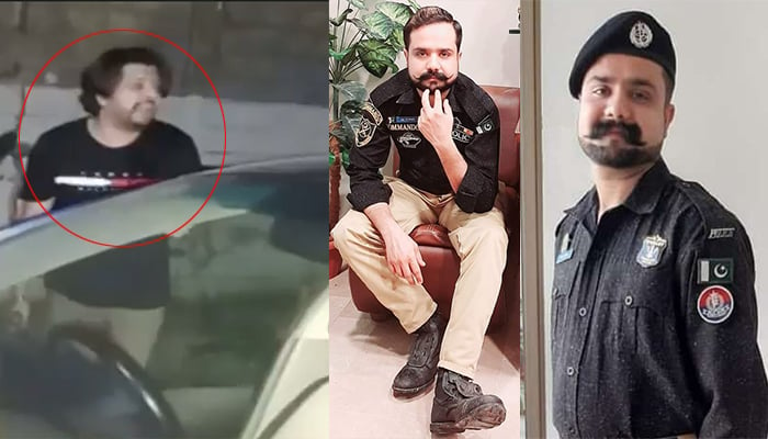 دائیں جانب 2 تصاویر مقتول پولیس اہلکار عبدالرحمٰن کی ہیں جبکہ بائیں تصویر میں مبینہ قاتل خرم نثار موجود ہے