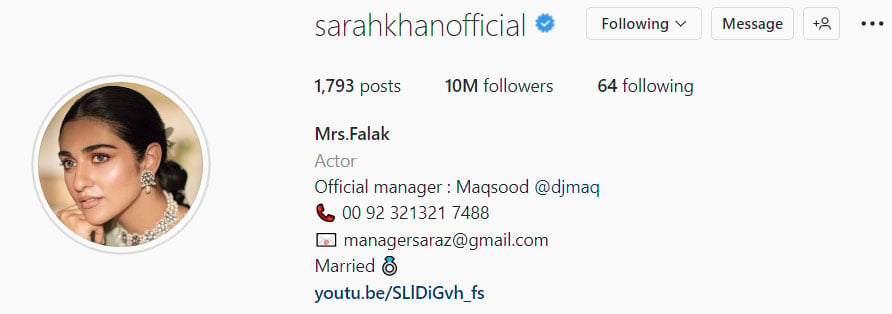 سارہ خان کے انسٹاگرام پر 10 ملین فالوور ہو گئے