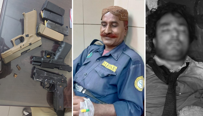 دائیں تصویر گارڈ کی فائرنگ سے ہلاک ڈکیٹ کی ہے، درمیان میں زخمی سیکیورٹی گارڈ اور بائیں تصویر ملزم سے برآمد ہونے والے 3 جدید پستولوں کی ہے—تصاویر بشکریہ ٹیپو سلطان پولیس