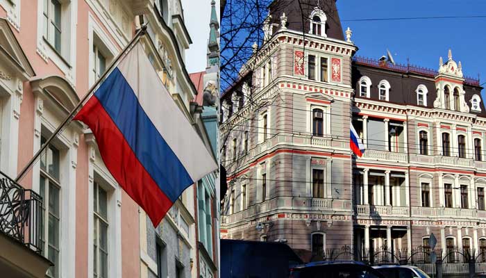 (دائیں) لٹویا میں روسی سفارتخانے کی عمارت، (بائیں) ایسٹونیا میں روسی سفارتخانے کی عمارت