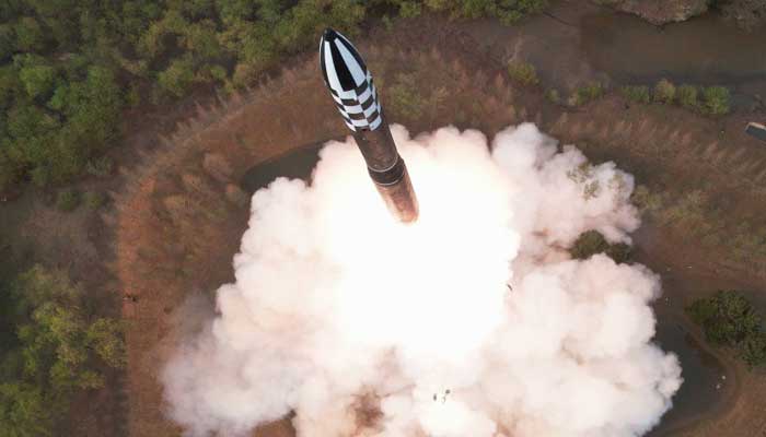 A photo of an intercontinental ballistic missile test conducted by North Korea in April.