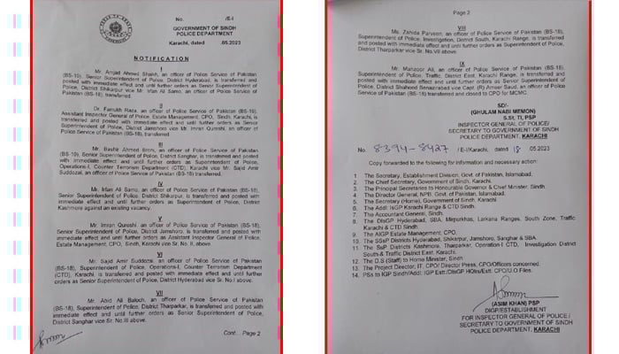 سندھ پولیس میں تقرری و تبادلے