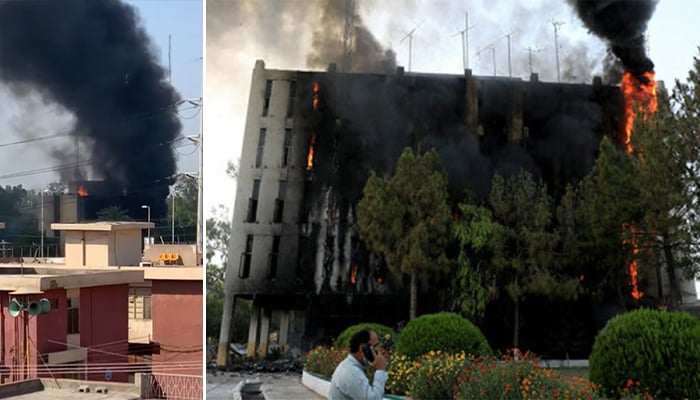 حملے کے بعد ریڈیو پاکستان پشاور کی عمارت میں آگ لگنے کے مناظر—فائل فوٹو