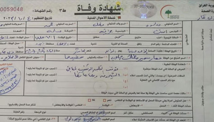 مدلوہ مناح محمد کے ڈیتھ سرٹیفیکٹ کا عکس