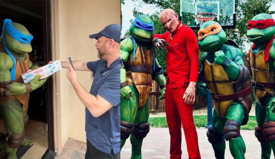 پیزا ڈیلیوری بوائے ’ننجا ٹرٹل‘ کو دیکھ کر حیران، ویڈیو وائرل