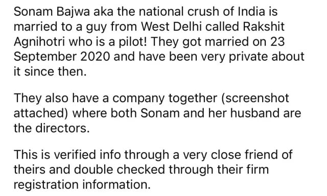 سونم باجوہ نے 3 سال سے خفیہ شادی کر رکھی ہے، بھارتی میڈیا کا دعویٰ
