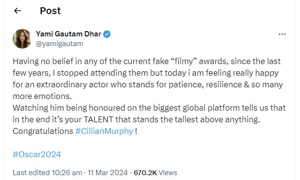 Yami Gautam reacts to Cillian Murphy’s Oscar win: ‘happy for an extraordinary actor’
